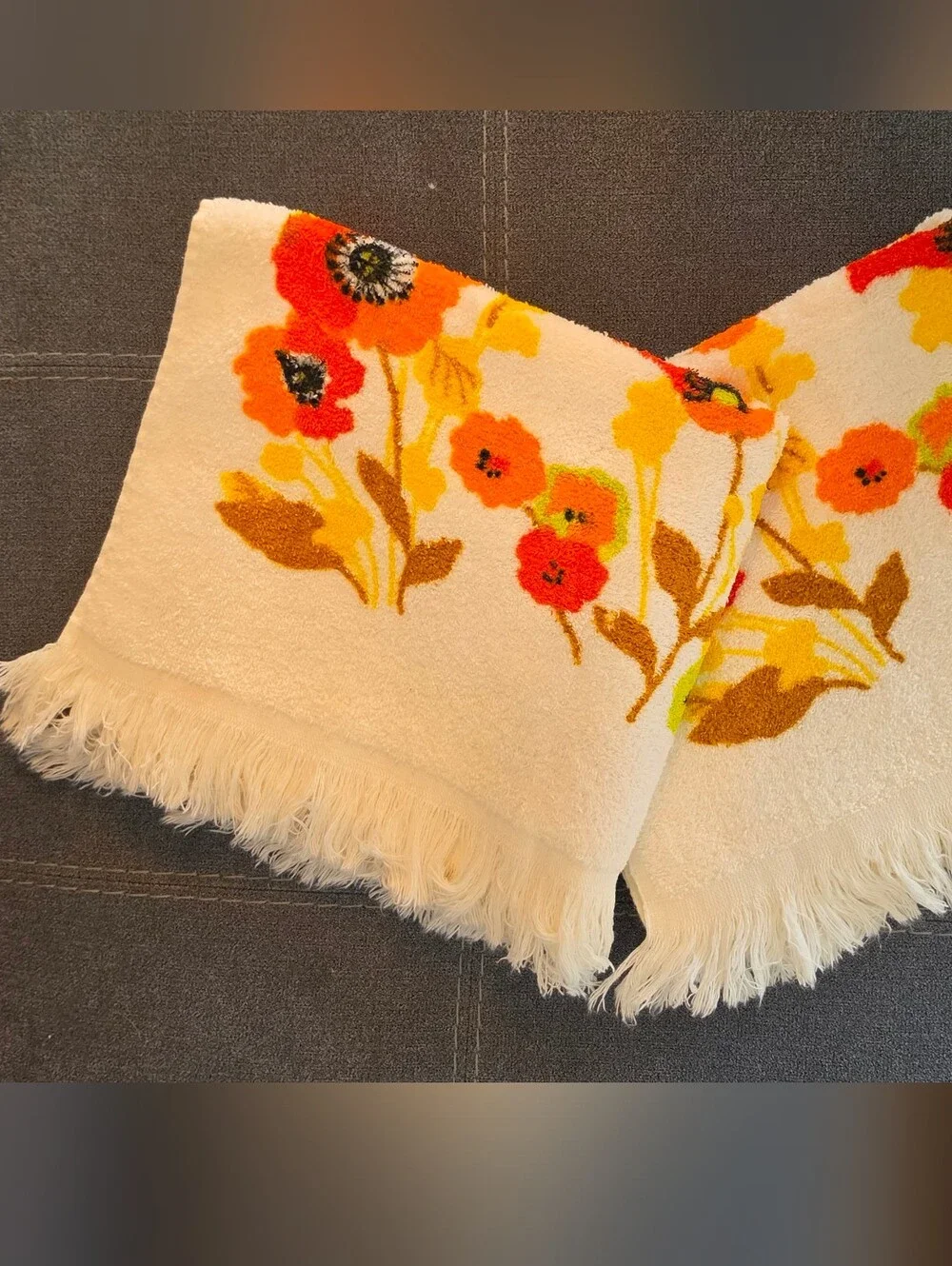 Vintage 70s Cone Mills Floral Towel Set 2 Fringe Orange Poppies Gingham USA